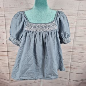 Wonderly Womens Sz XL Blue Top Blouse Babydoll Peasant Boho Cottagecore Smocked